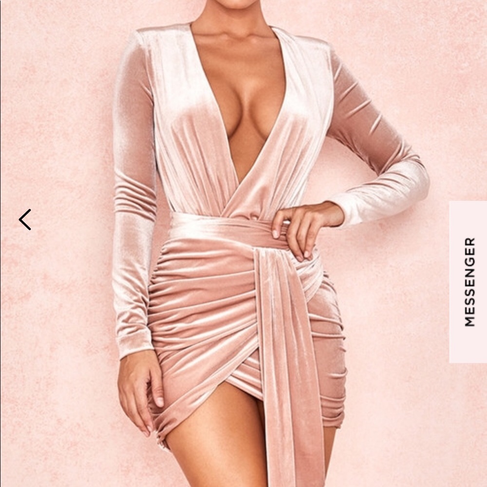 BLUSH VELVET GATHERED DEEP V MINI DRESS